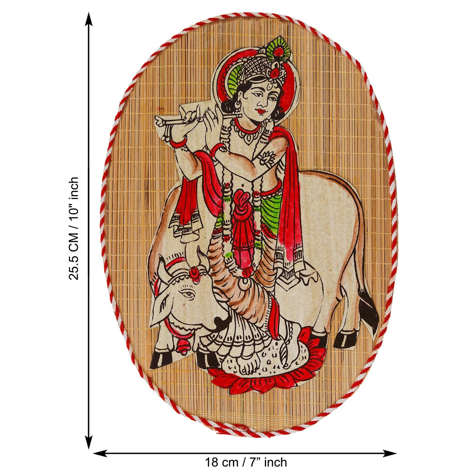 Oval Shaped Design Bamboo Hand Crafted Wall Hangings Of Krishna Ji With Holy Cow For Home D?cor | Bamboo Art For Wall Decor - Image 2
