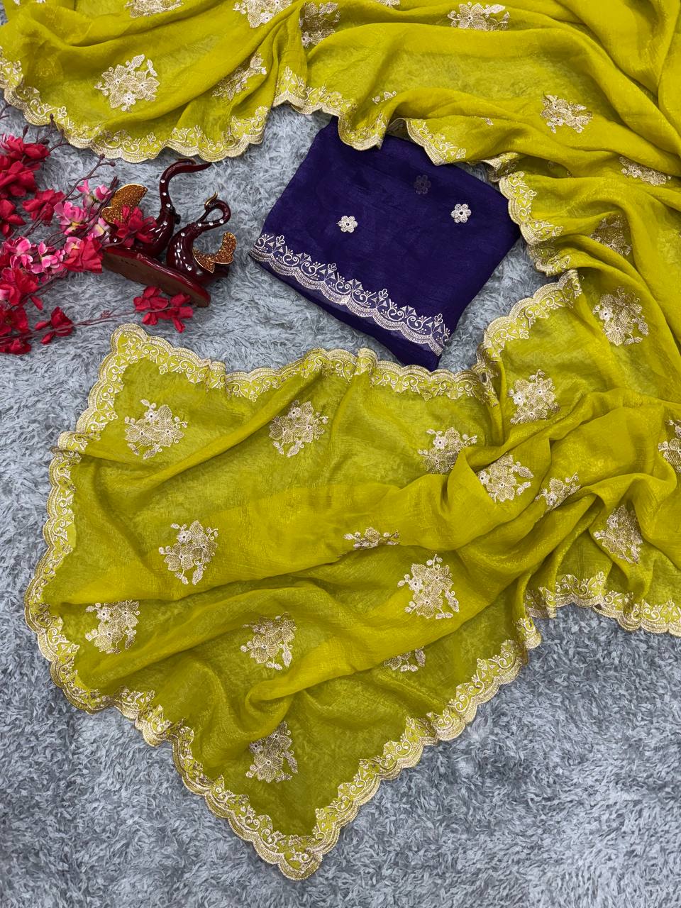 Women's Radiant Lime Yellow Organza Saree with Intricate Gold Zari Embroidery & Scalloped Border – Complete with Blouse Piece for Festive & Party Wear - Image 3