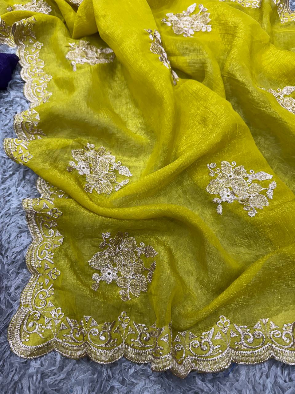 Women's Radiant Lime Yellow Organza Saree with Intricate Gold Zari Embroidery & Scalloped Border – Complete with Blouse Piece for Festive & Party Wear - Image 2